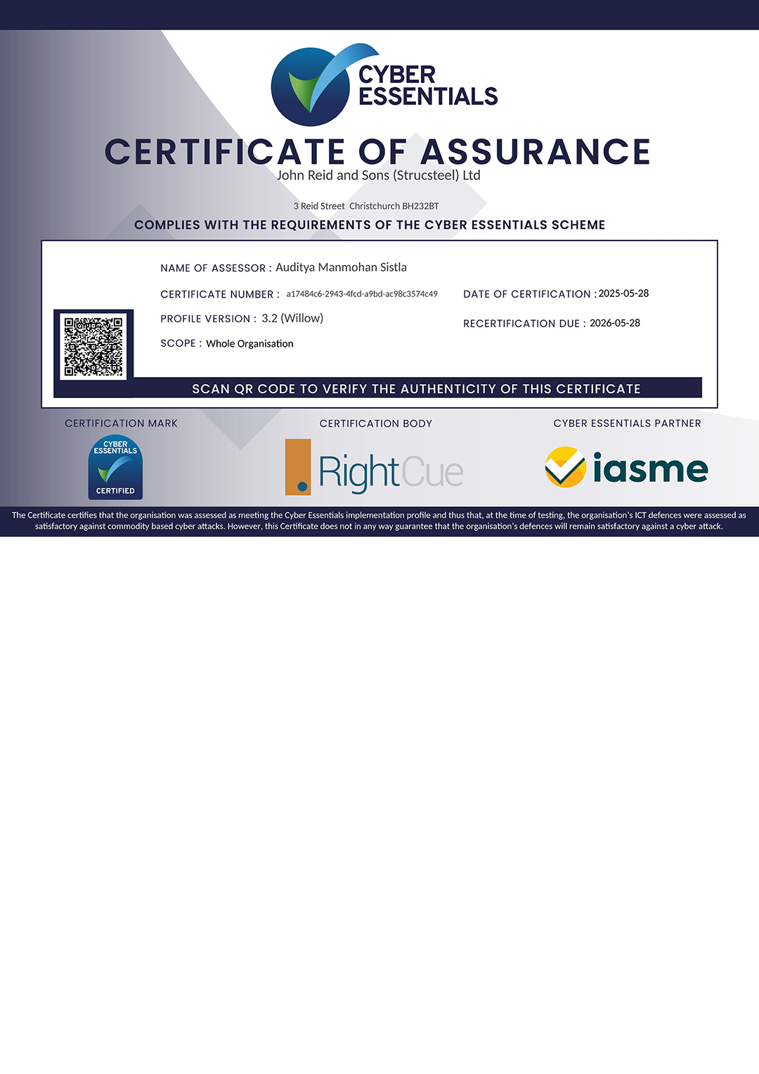 A certificate of assurance is displayed on a white background.