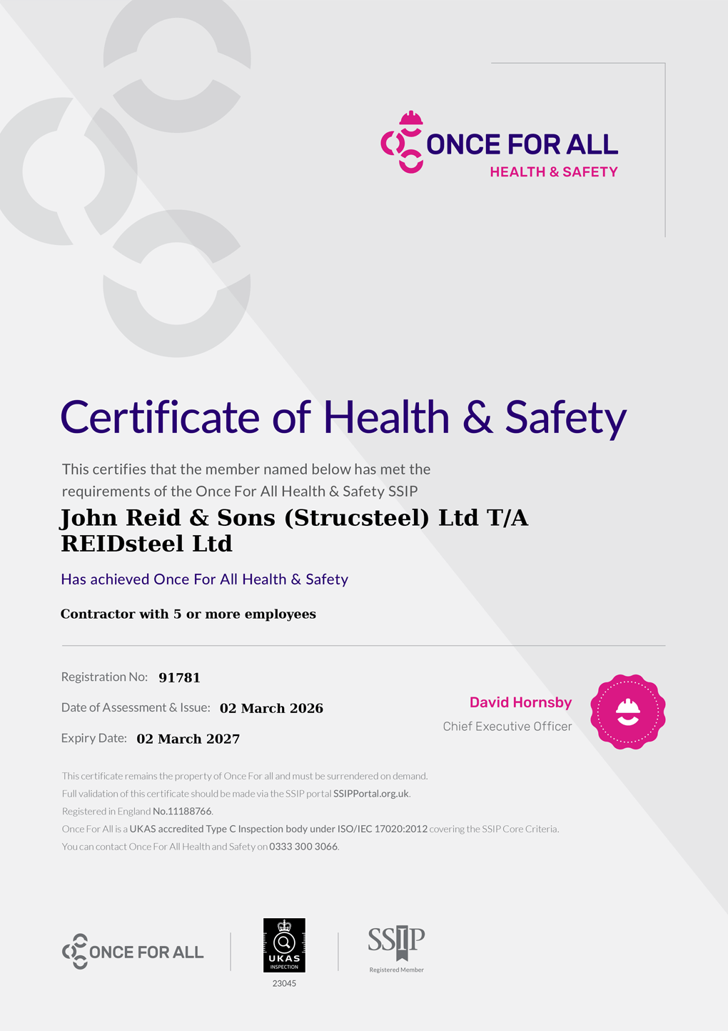 It is a certificate of health and safety accreditation.