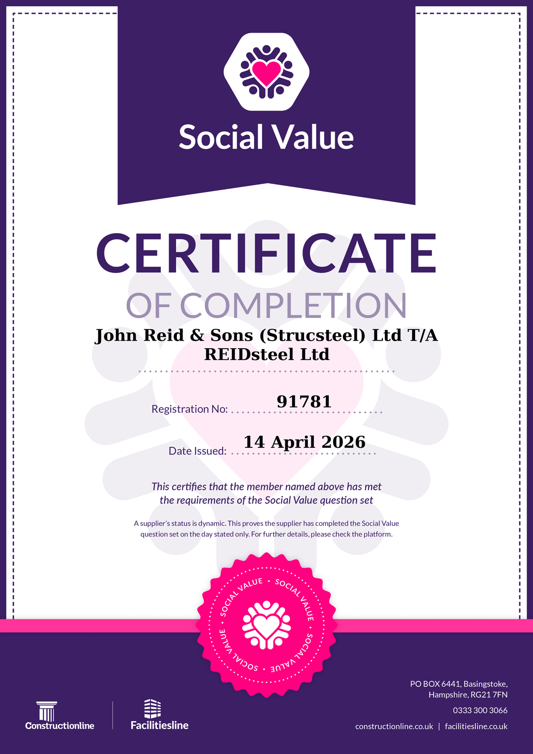A certificate of completion for a social value certificate