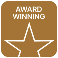 A brown square with the words `` award winning '' and a white star.