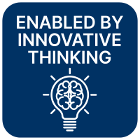 A blue button with a light bulb and the words `` enabled by innovative thinking ''.