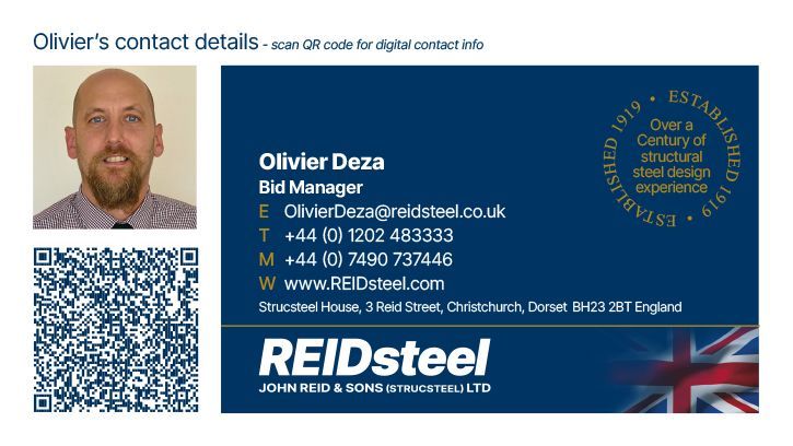 A business card for olivier deza from reidsteel
