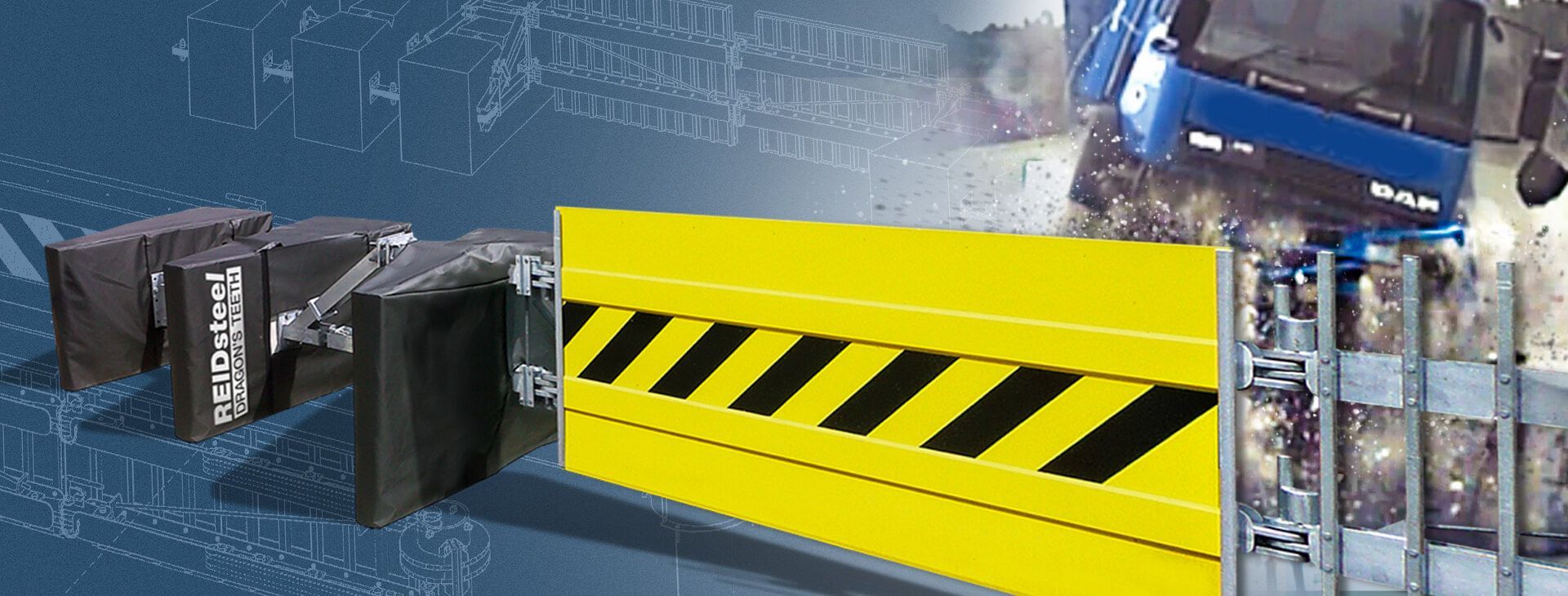 A blue truck is driving past a yellow and black barrier.