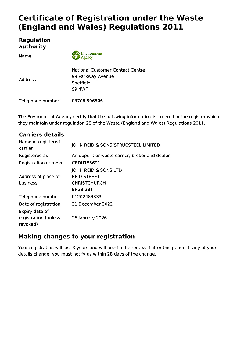 A certificate of registration under the waste ( england and wales ) regulations 2011