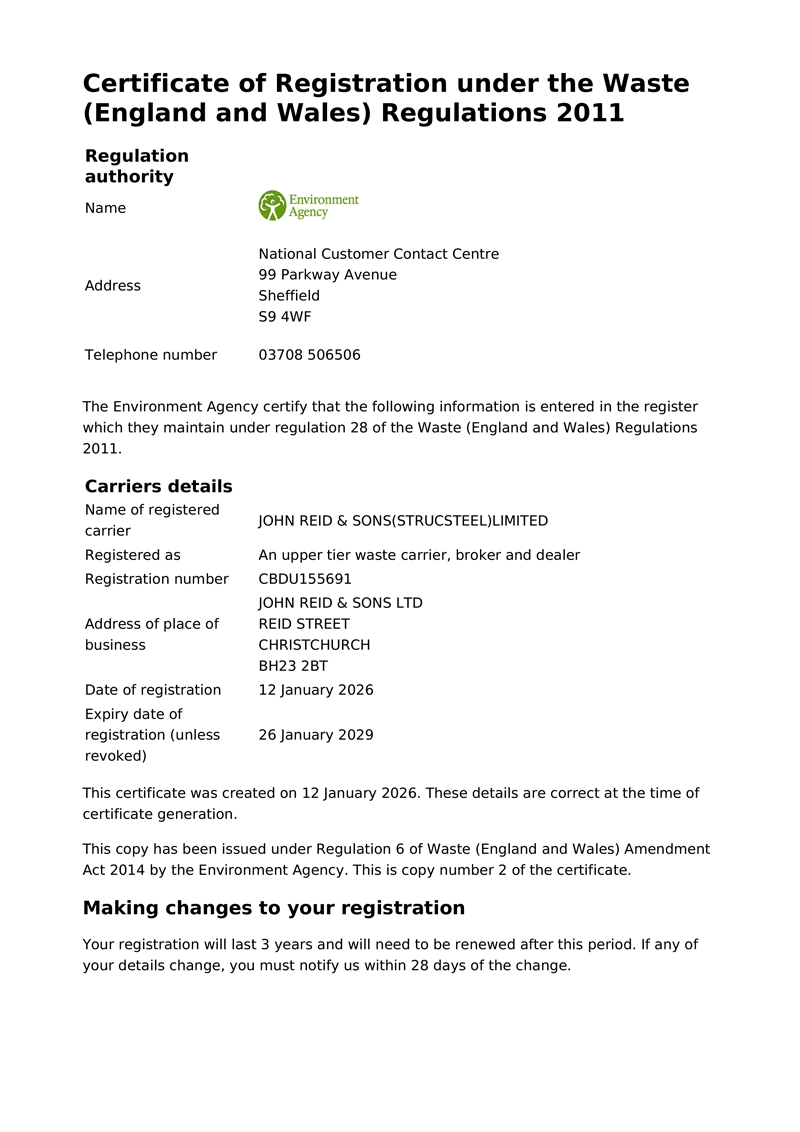 A certificate of registration under the waste ( england and wales ) regulations 2011