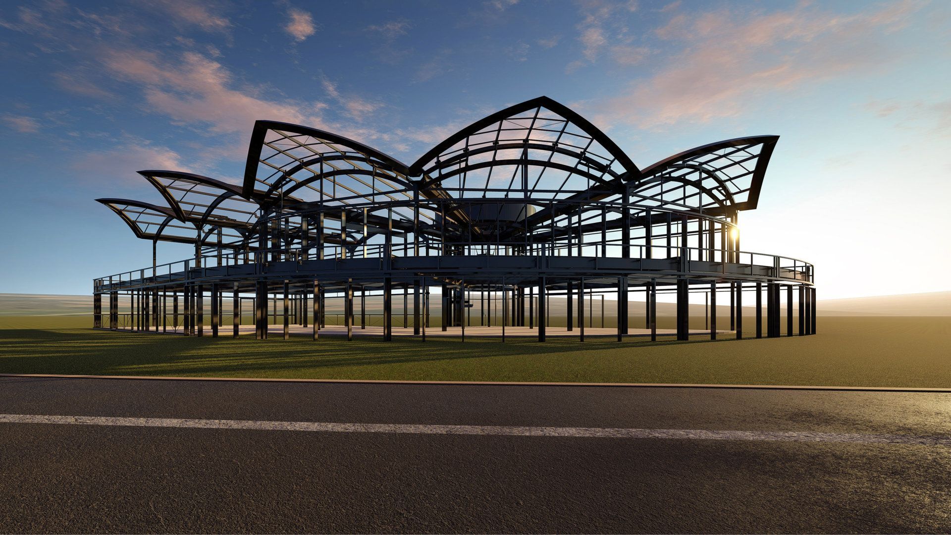 A computer generated image of a building without a roof