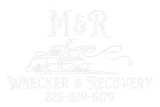 A logo for M&R Wrecker & Recovery featuring a tow truck illustration and the phone number 325-829-6179.