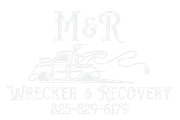 A logo for M&R Wrecker & Recovery featuring a tow truck illustration and the phone number 325-829-6179.