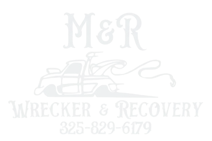 A logo for M&R Wrecker & Recovery featuring a tow truck illustration and the phone number 325-829-6179.