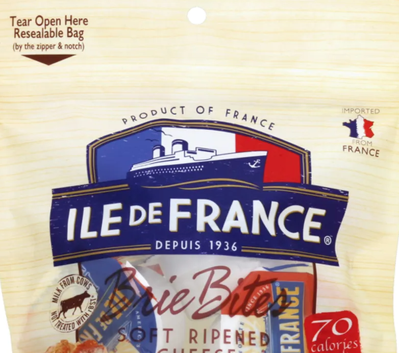 Close-up of a bag of Ile de France Brie Bites, 