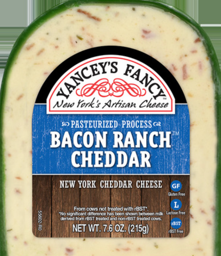 Yancey's Fancy Bacon Ranch Cheddar cheese package with green wax, blue label, and text.