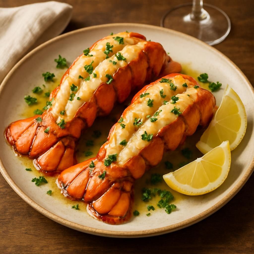 Two cooked lobster tails on a plate, drizzled with butter and garnished with parsley and lemon wedges.
