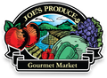 Joe's Produce Gourmet Market logo. Fruits and vegetables frame a landscape with a river, mountains, and sky.