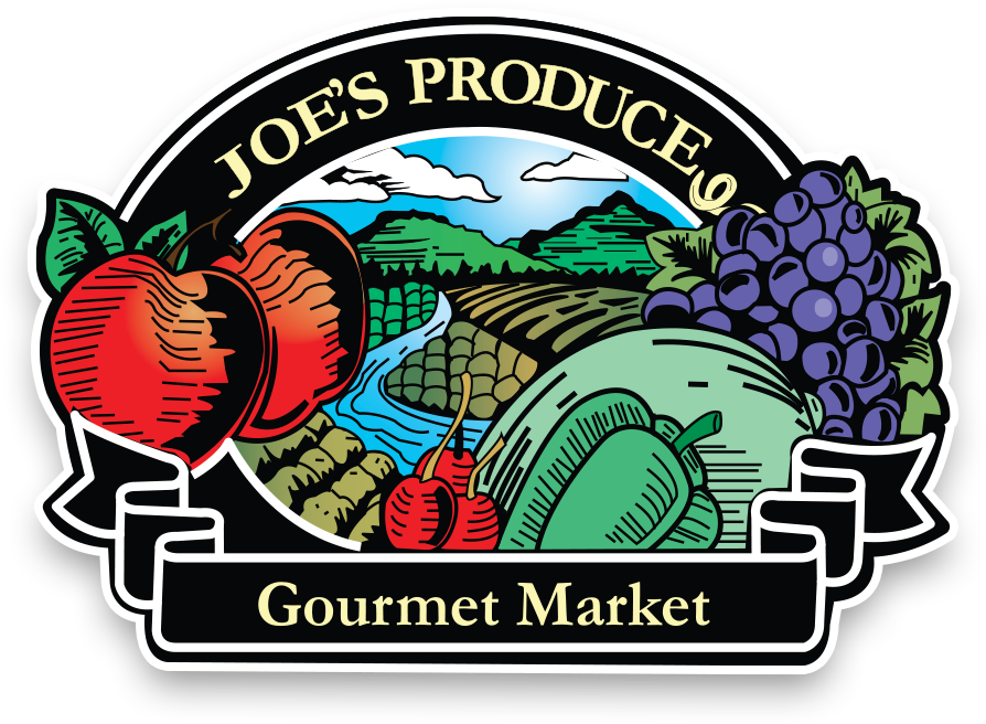 Joe's Produce Gourmet Market logo: fruits and vegetables with a farm scene, black and white frame.