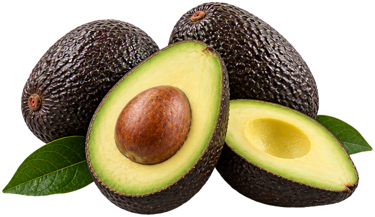 Whole and halved Hass avocados with green leaves at Joe's Produce