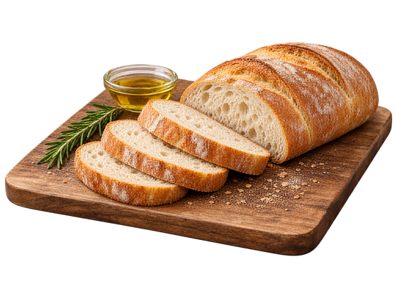 Sliced Italian bread loaf on a wooden board with olive oil and rosemary at Joe's Art of Bread