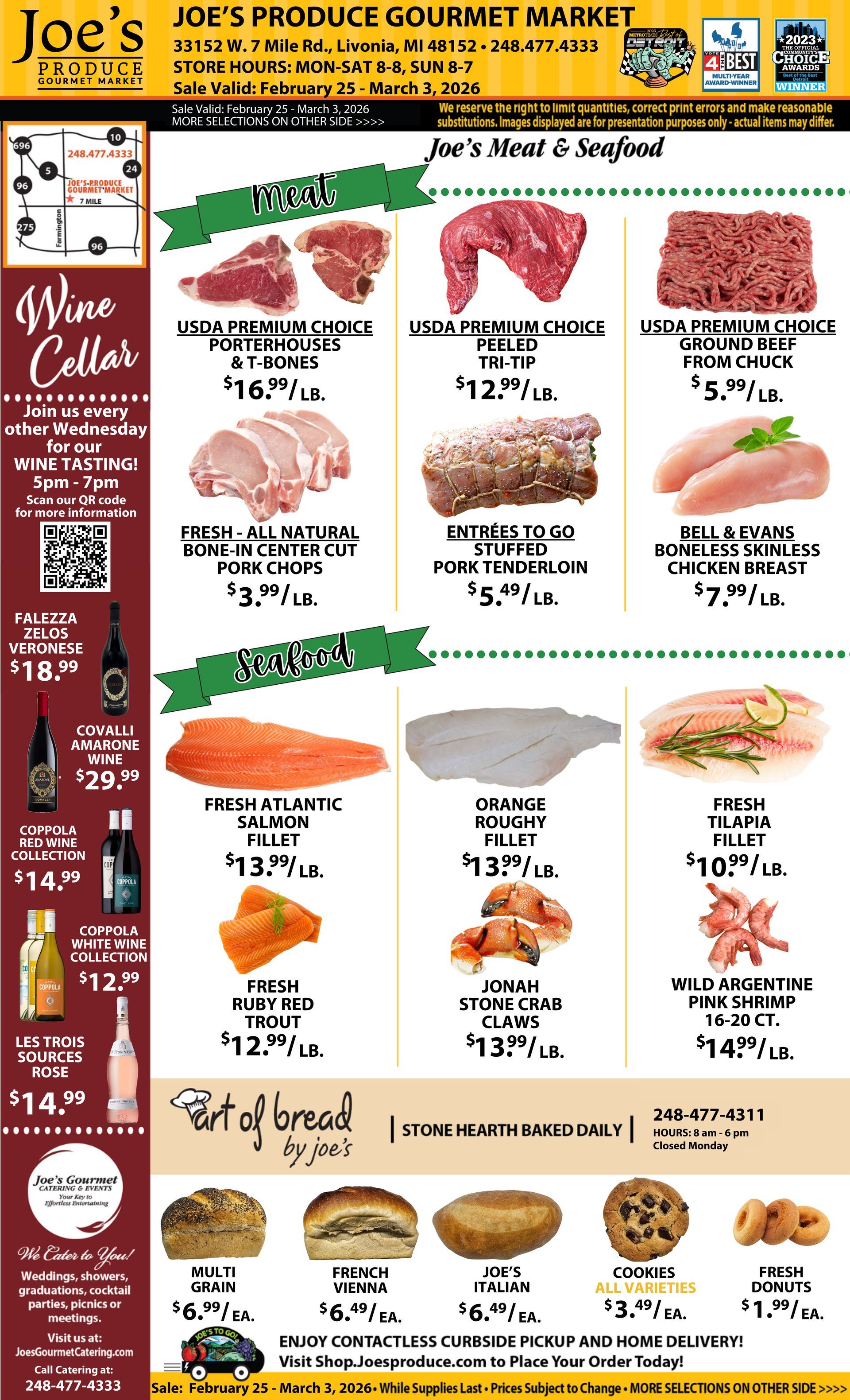 Joe's Produce Gourmet Market flyer with meats, seafood, bread, and wine selections listed with prices.
