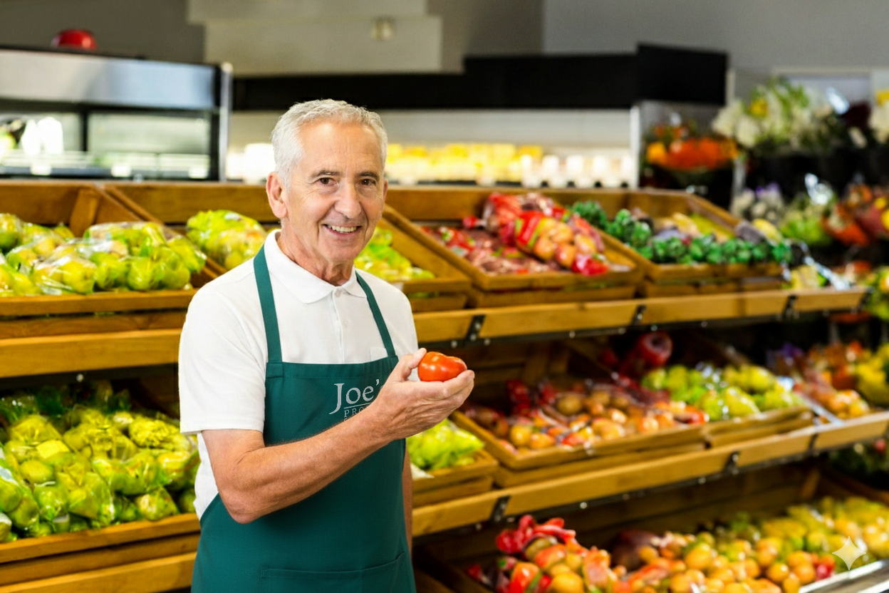 Smiling man in apron holding tomato in a grocery store produce section.