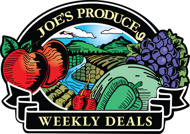 Joe's Produce logo with cherries, grapes, landscape, and text 