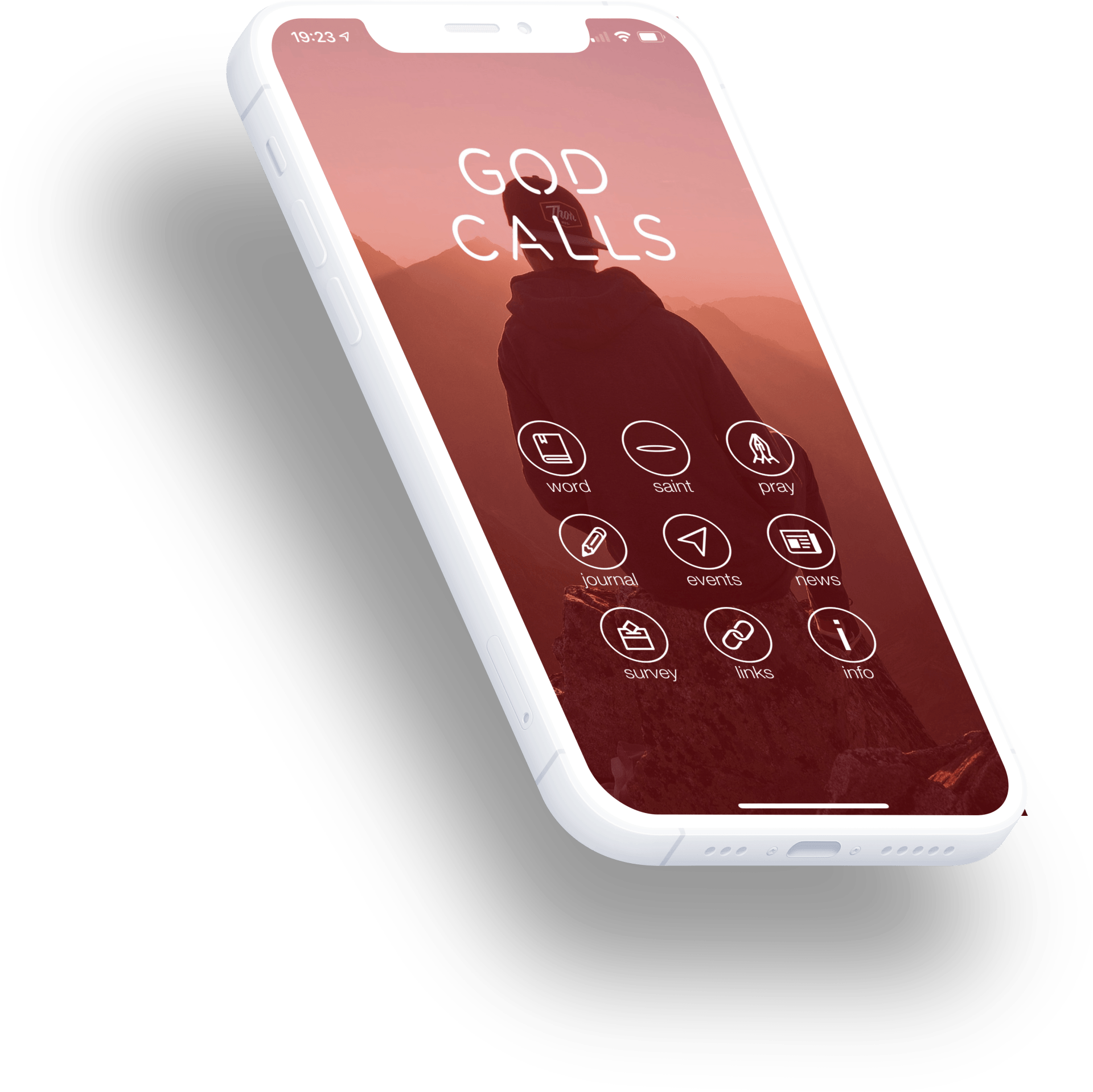 God Calls mobile app displayed on a white clay iPhone