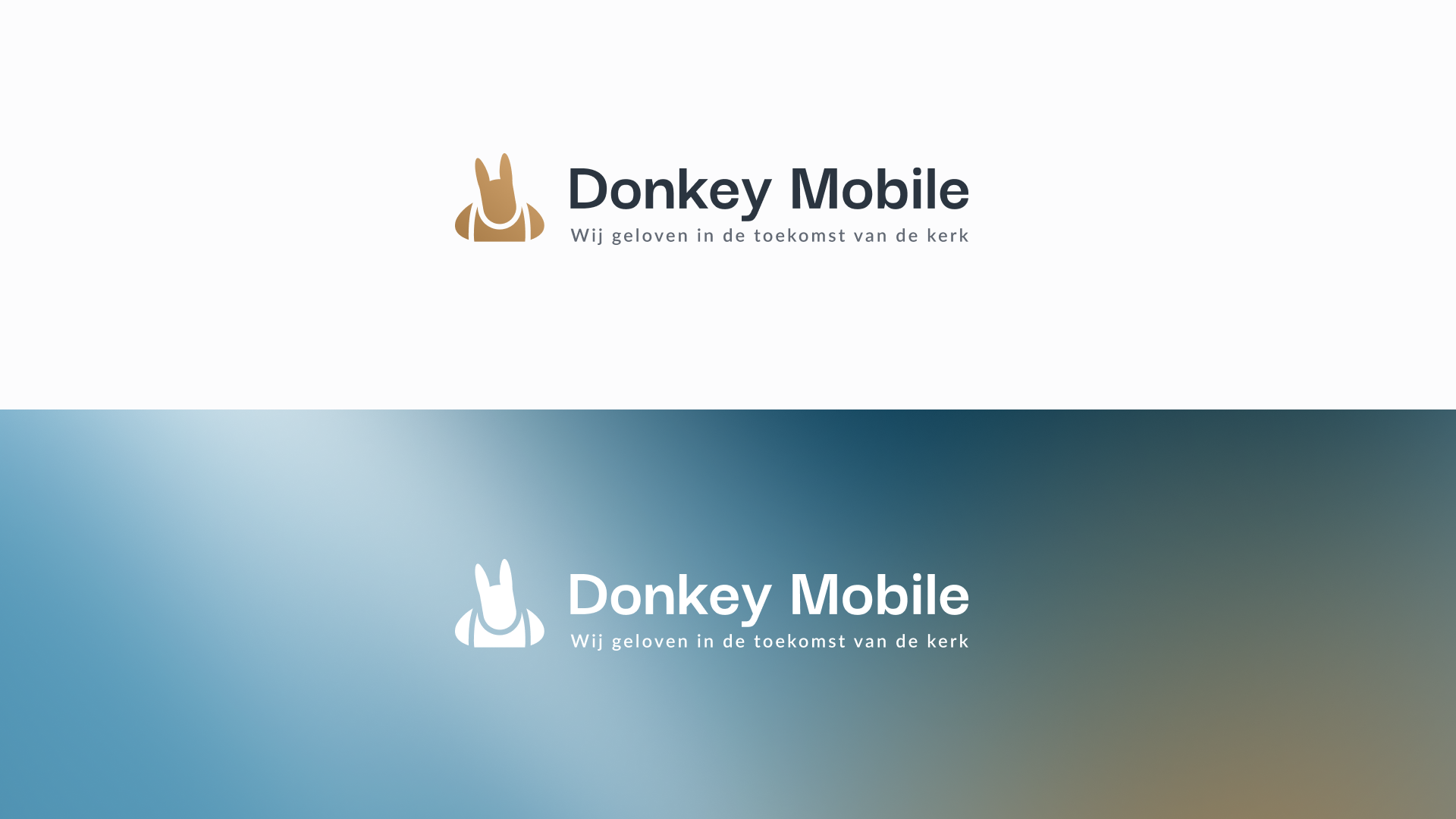 Het Donkey Mobile-logo op een wit-blauwe verloopachtergrond, met een klein gouden ezeltje-icoontje en tekst.