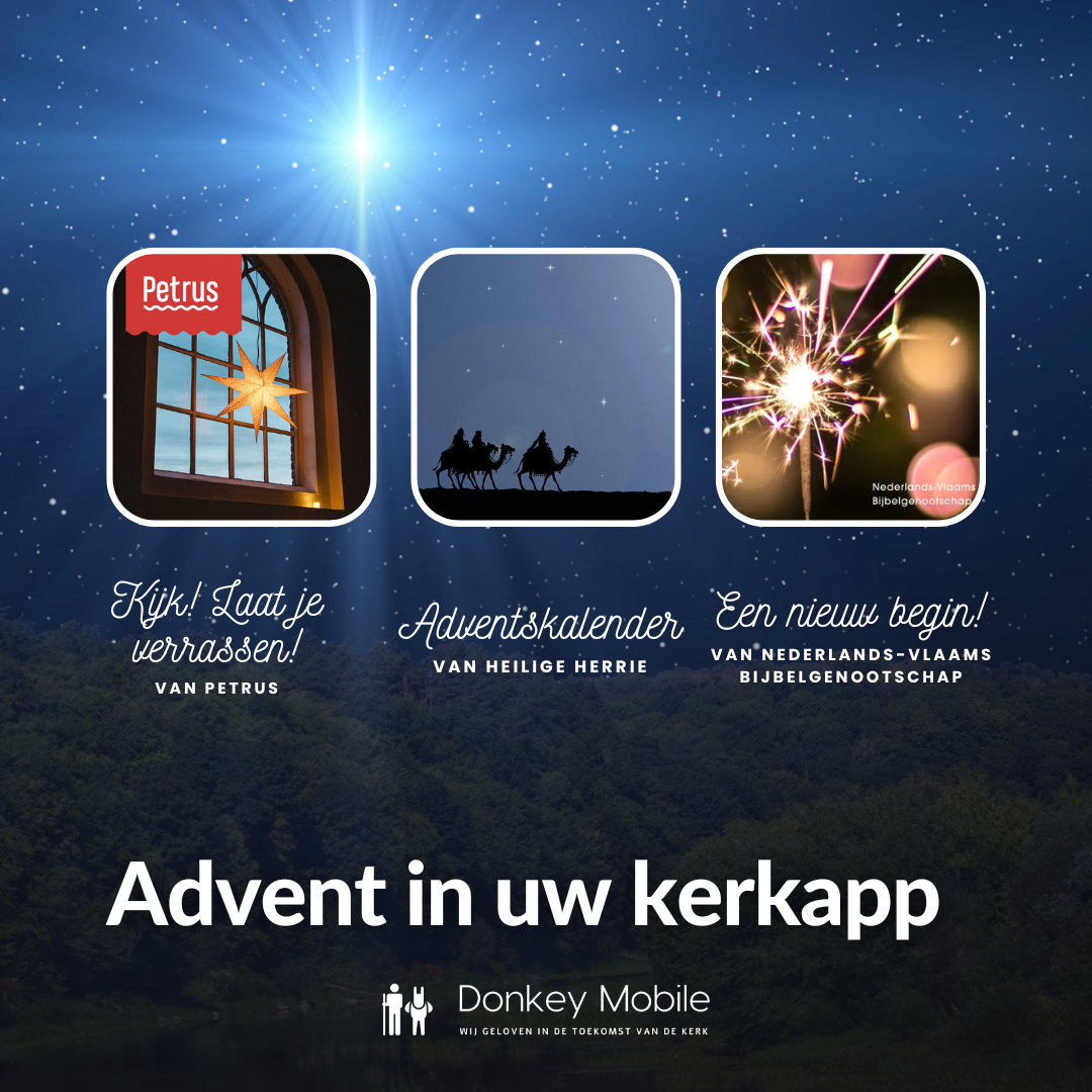Adventsposter voor UW Kerkapp met drie oplichtende afbeeldingspanelen onder een sterrenhemel.