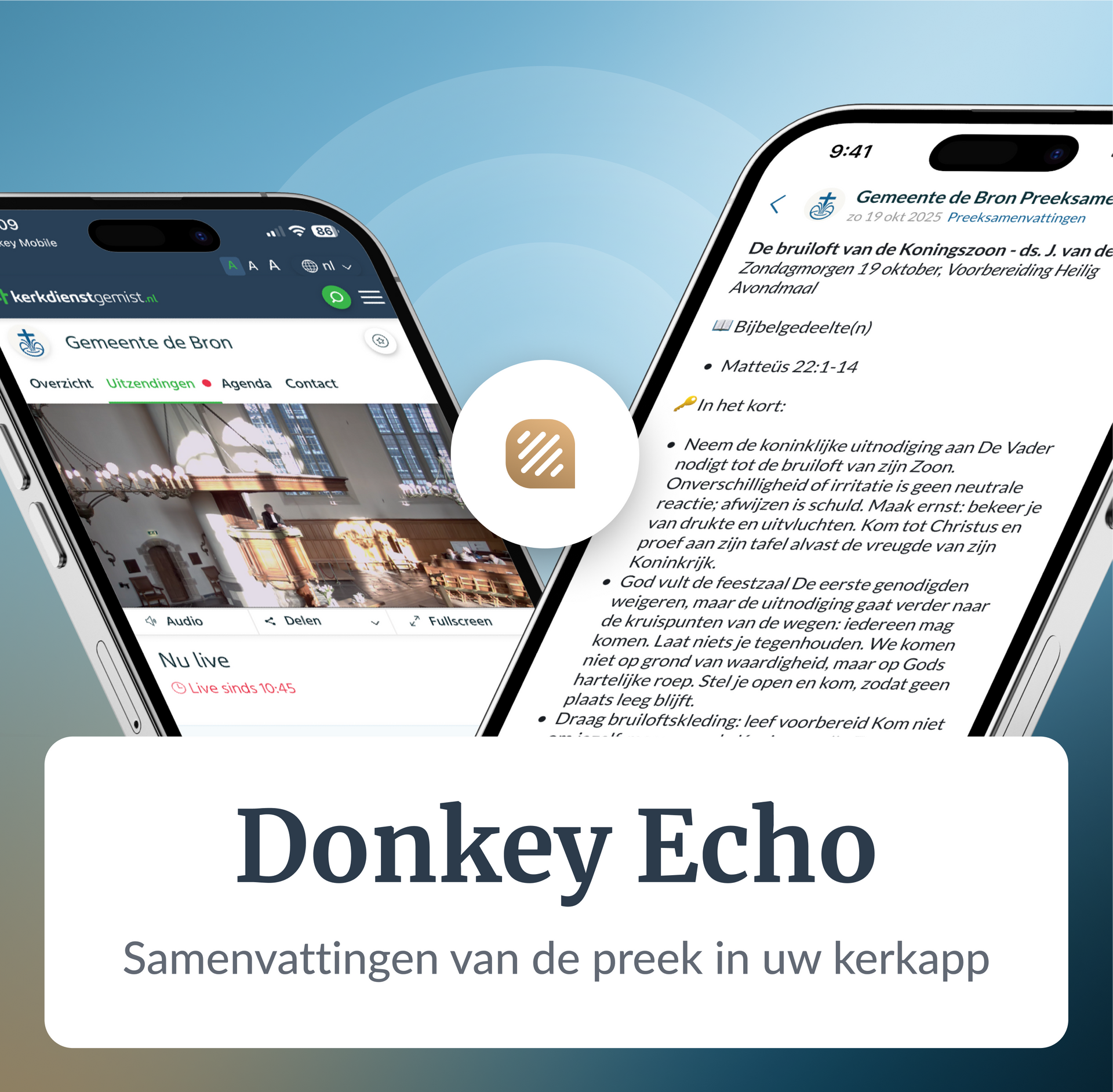 Donkey Echo promo graphic with two smartphones and the text “Samenvatting van de preek in uw kerkapp”