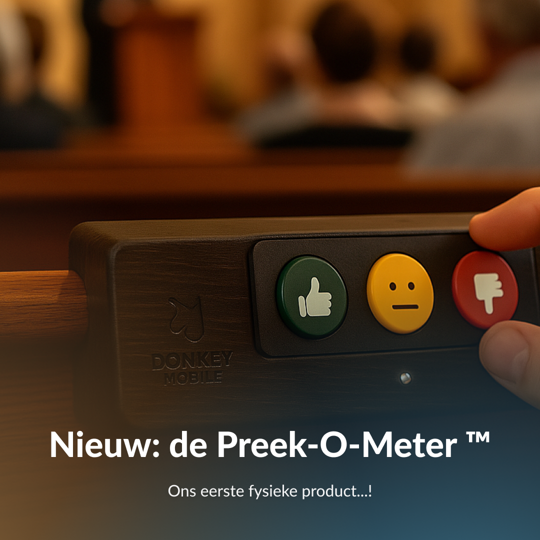 Hand die een donker apparaat vasthoudt met een groene duim omhoog-knop, een gele neutrale knop en een rode duim omlaag-knop; Nederlandse tekst eronder.
