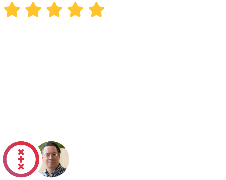 Vijf gele sterren linksboven; een rood omcirkeld pictogram en een kleine ronde profielfoto linksonder op een witte achtergrond.
