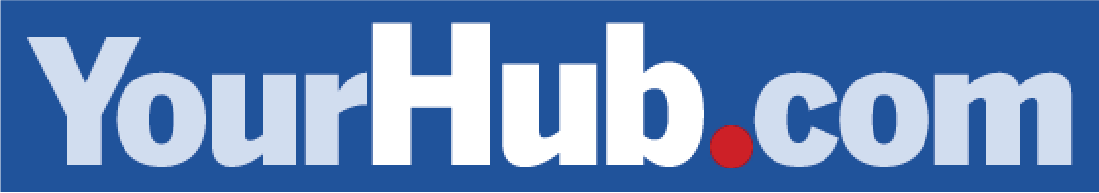 A blue and white logo for yourhub.com
