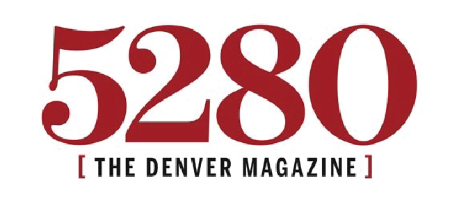The logo for the denver magazine is red and white.