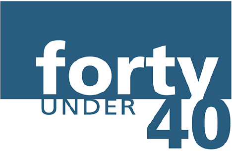 A blue and white logo for forty under 40