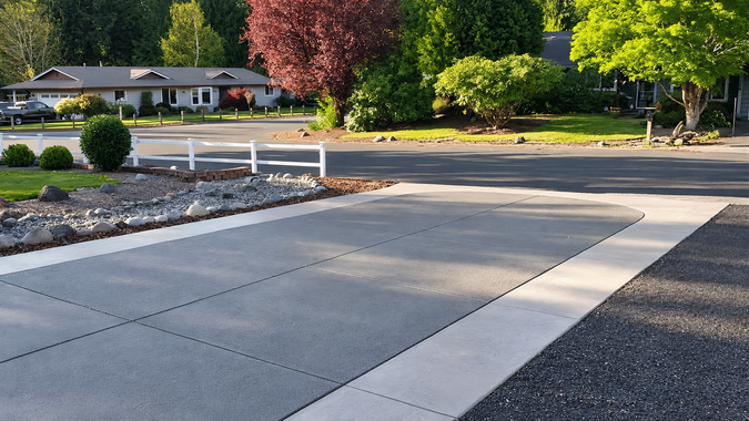 Concrete driveway with a stamped concrete border beside a white fence