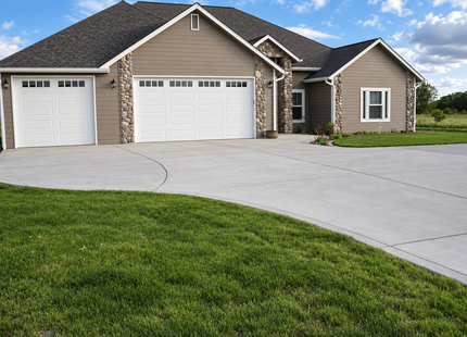 Light gray concrete driveway leading to a three-car garage on a residential home