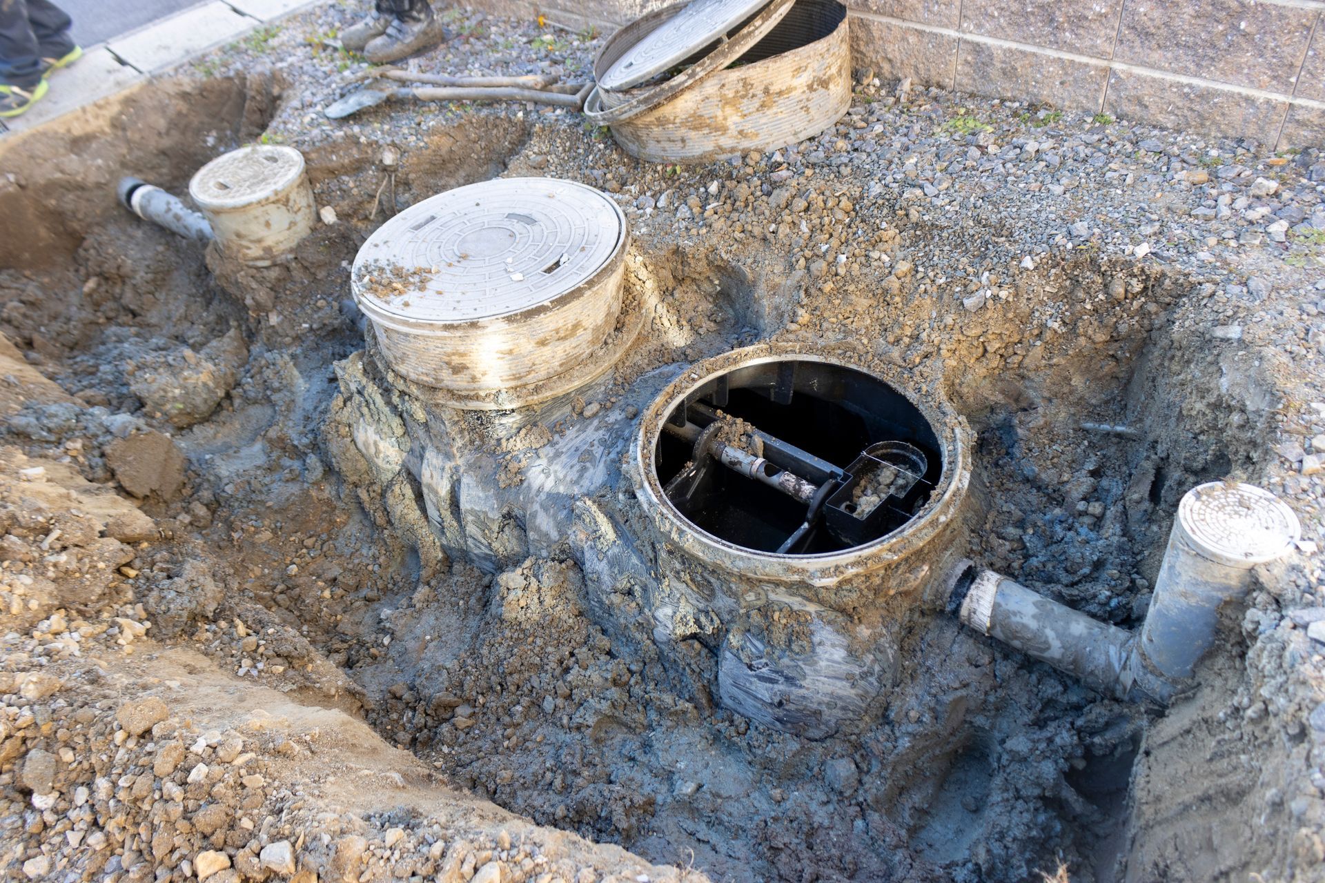 A septic tank is being installed in a hole in the ground.