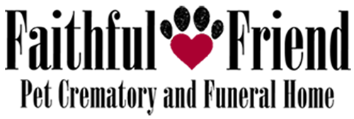 Faithful Friend Pet Crematory and Funeral Home logo with black text and a red heart paw print icon