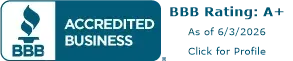 BBB Accredited Business badge with A+ rating, dated 6/3/2026, on a blue and white banner