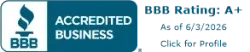 BBB Accredited Business badge with A+ rating and “Click for Profile” text on a blue and white background