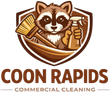 Coon Rapids Commercial Cleaning logo featuring raccoon mascot holding cleaning tools in Coon Rapids, MN