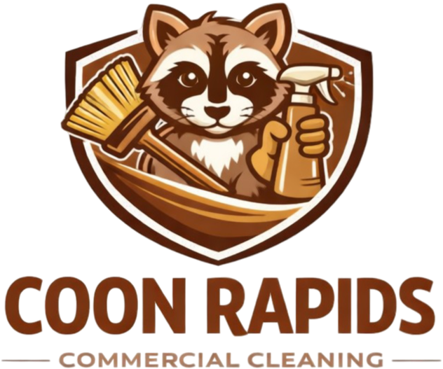 Coon Rapids Commercial Cleaning logo featuring raccoon mascot holding cleaning tools in Coon Rapids, MN