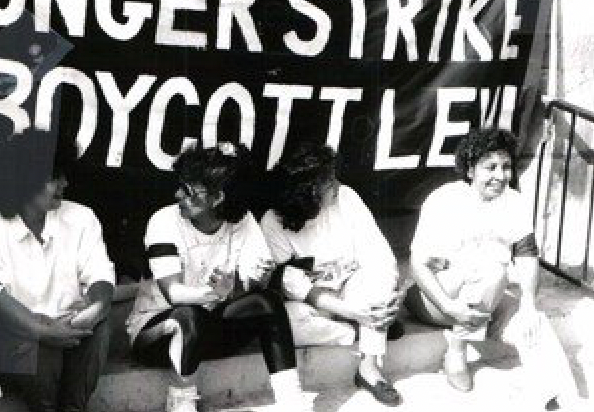 A group of people sitting in front of a sign that says boycott lew