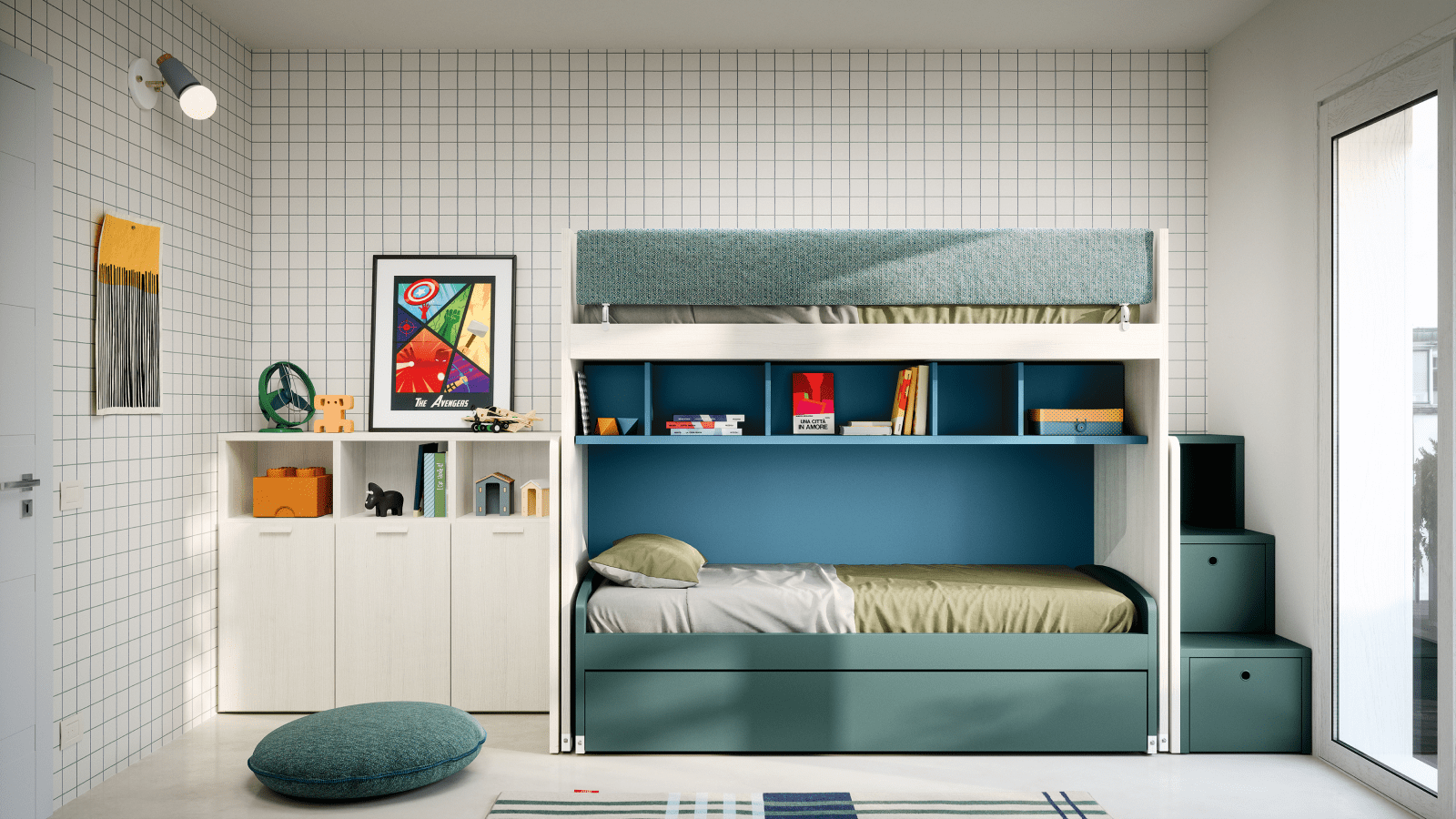 Camera da letto moderna per bambini con letto a castello color verde acqua