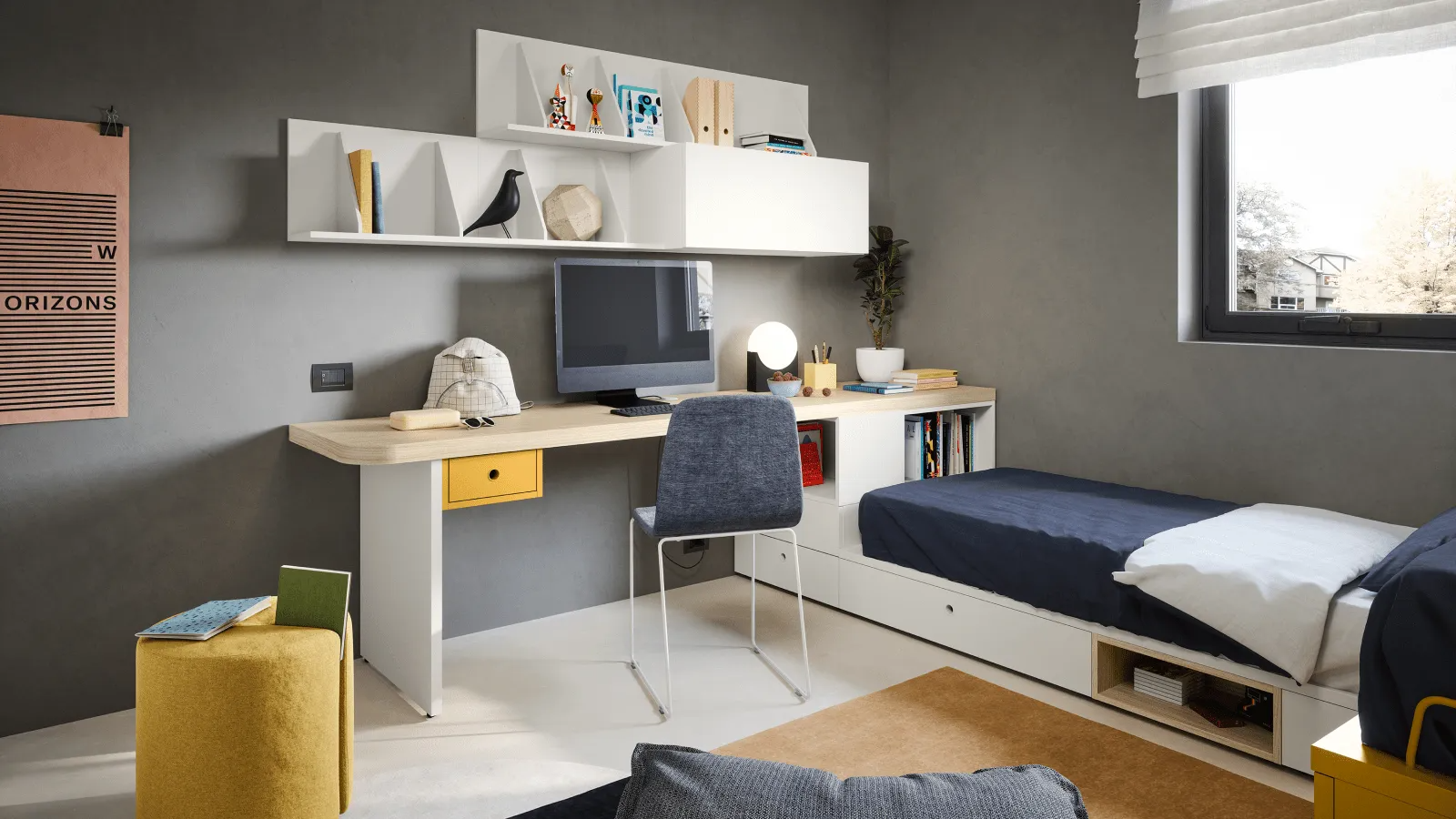 Camera da letto moderna adibita a studio, con scrivania bianca