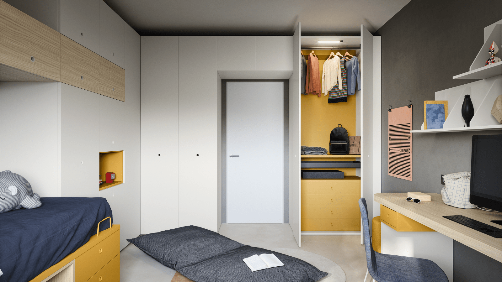 Camera da letto moderna con letto, scrivania, armadio, pareti grigie e cassetti gialli.