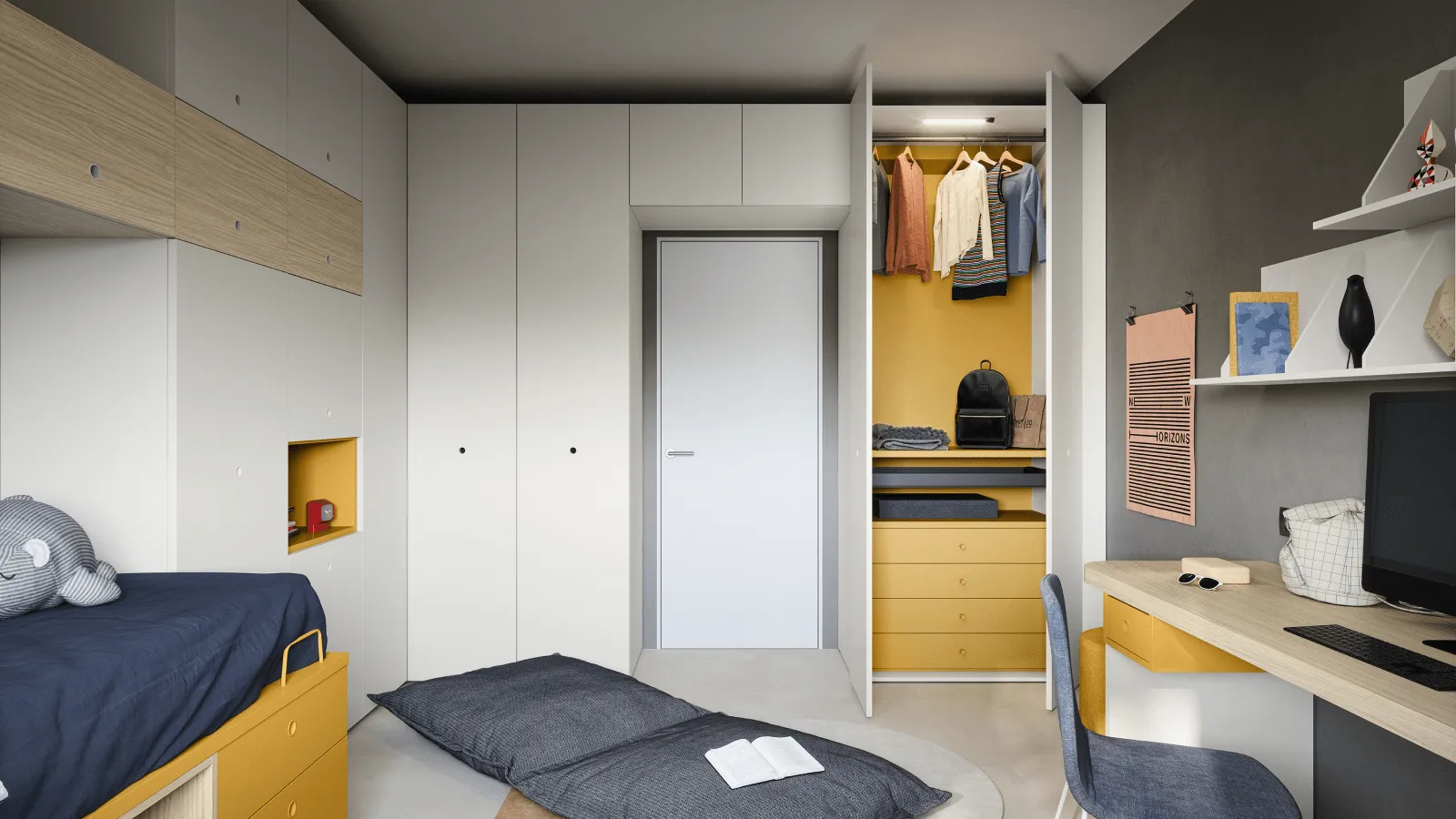 Camera da letto moderna e minimalista con pareti grigie, letto, scrivania, scaffali e armadio a vista.