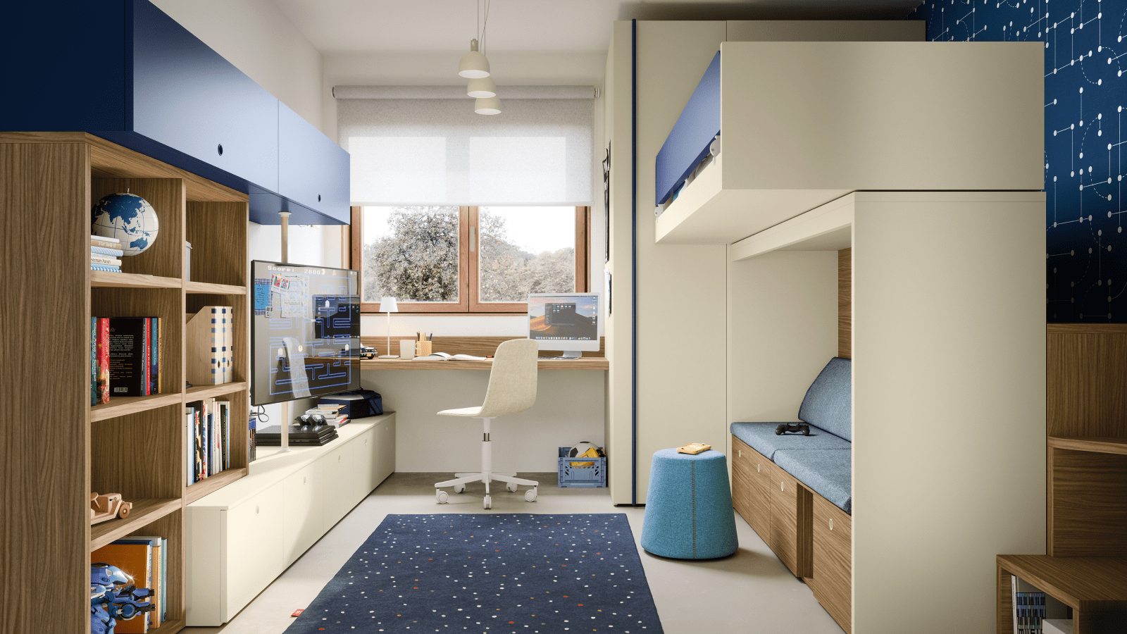Camera da letto moderna con letto a soppalco, scrivania vicino alla finestra