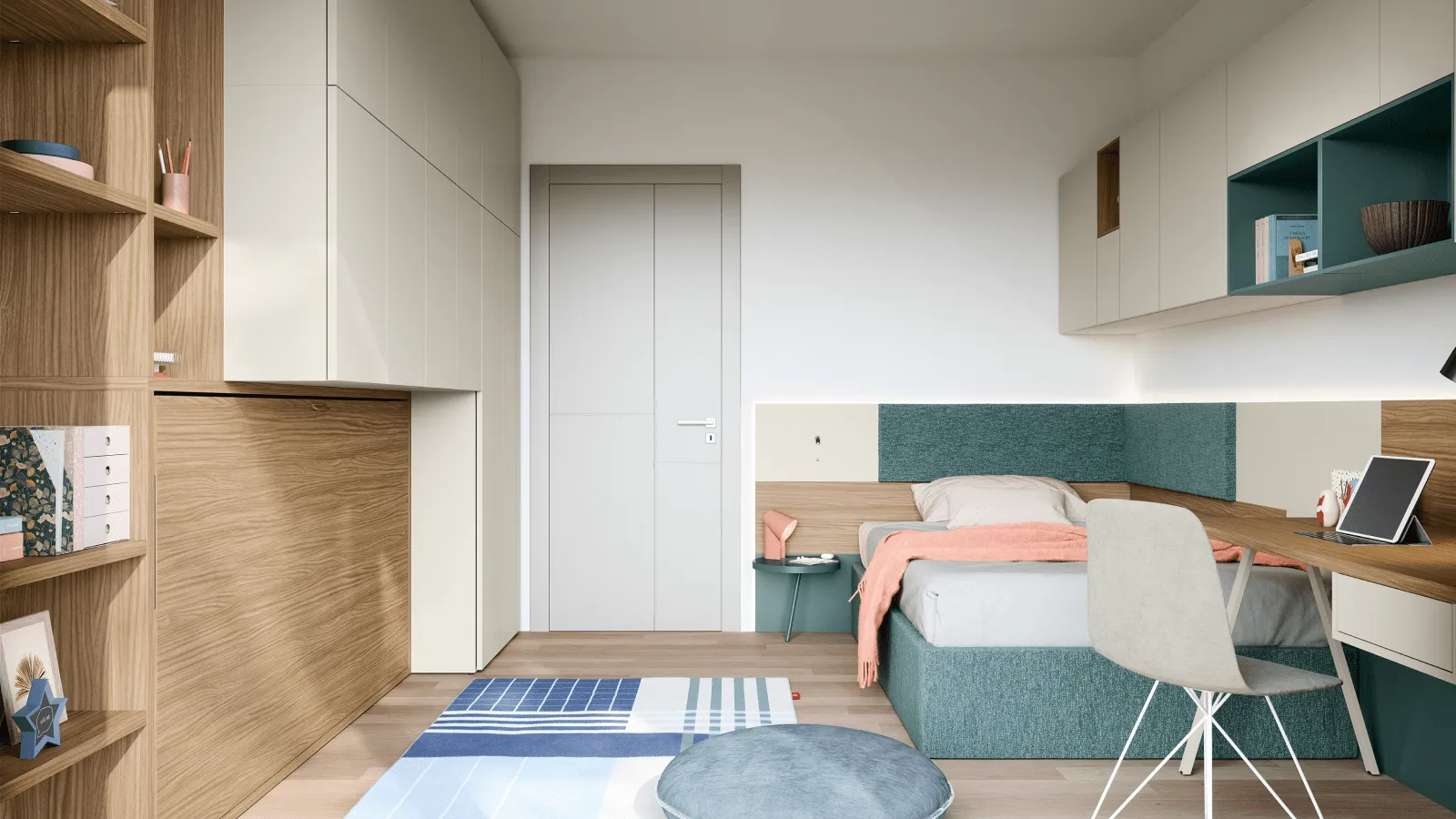 Camera da letto moderna e minimalista con dettagli color verde acqua
