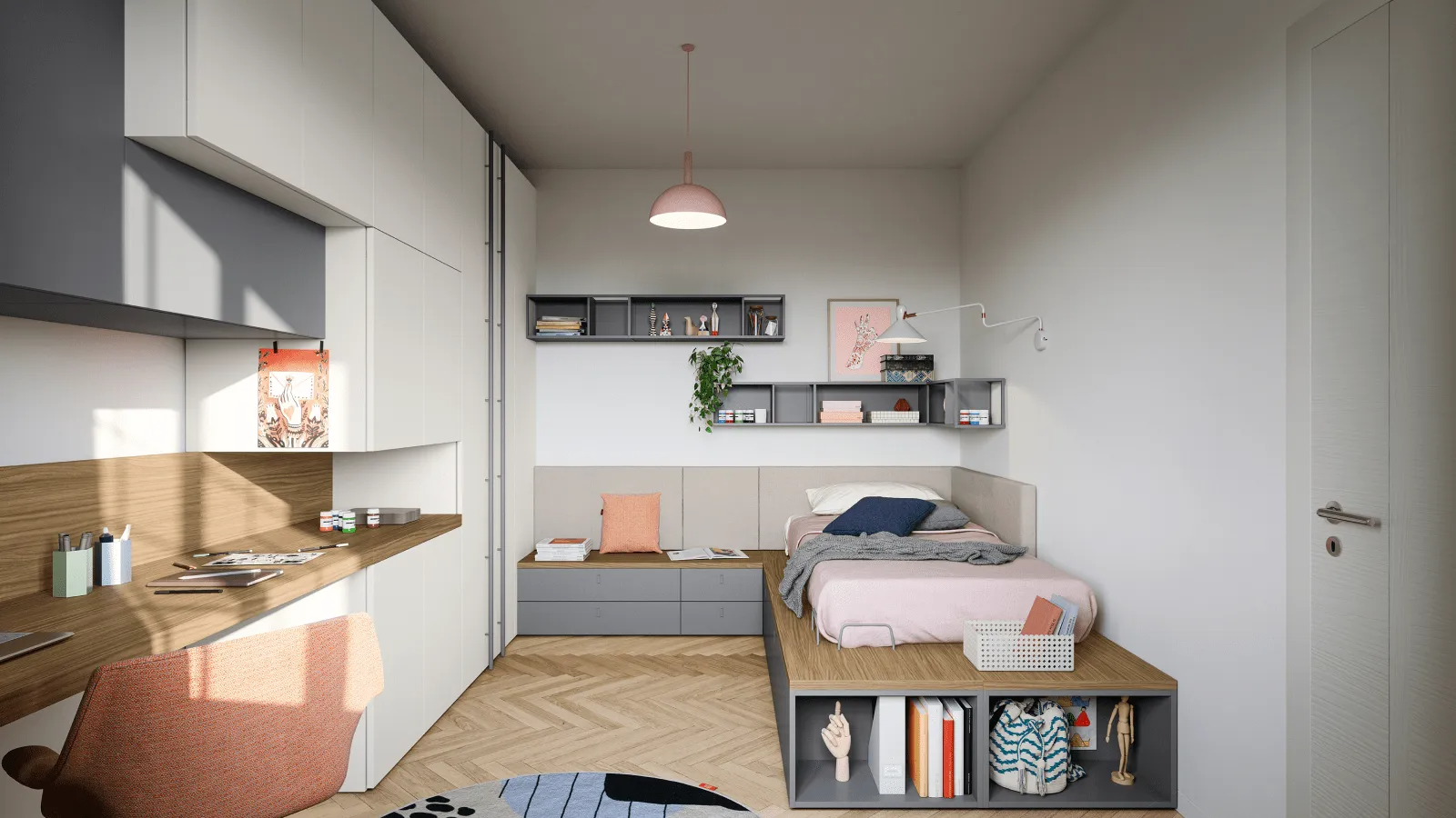 Camera da letto moderna in un monolocale luminoso e minimalista, con letto, scrivania, scaffali e angolo cottura.