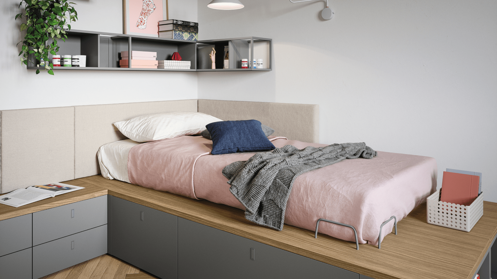 Camera da letto moderna con letto basso a piattaforma