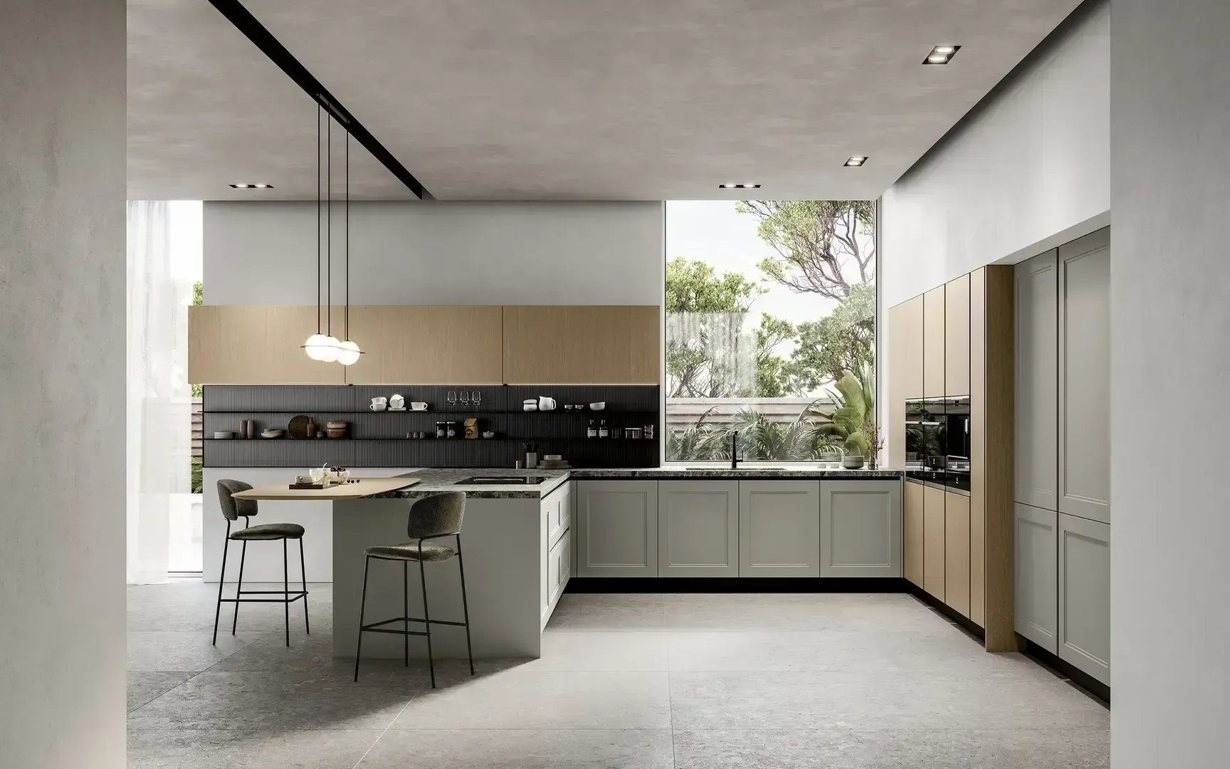 Cucina moderna e minimalista con isola, mobili neri e ampie finestre che lasciano entrare la luce naturale.